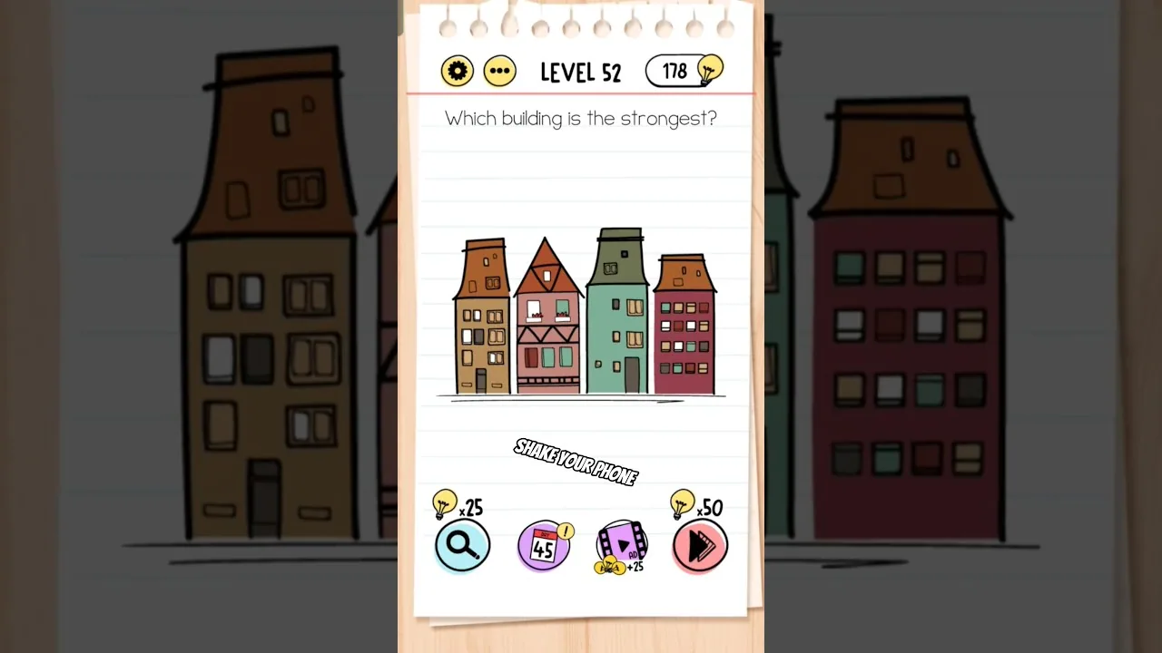Brain Test Level 52 Which building is the strongest gameplay screenshot