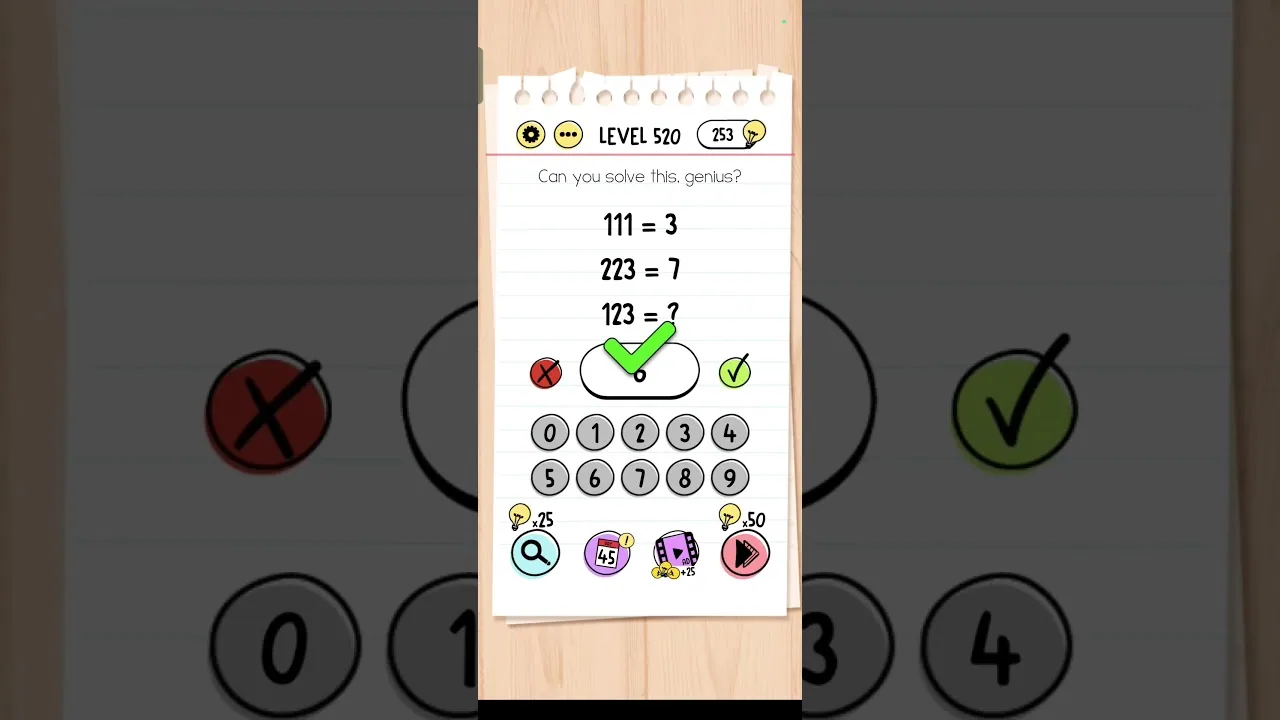 Brain Test Level 520 Can you solve this, genius? 111 = 3 223 = 7 123 = ? gameplay screenshot