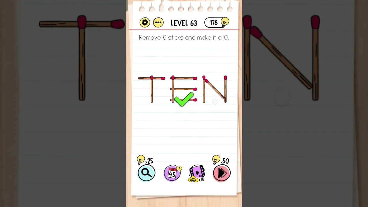 Brain Test Level 63 Remove 6 sticks and make it a 10 gameplay screenshot