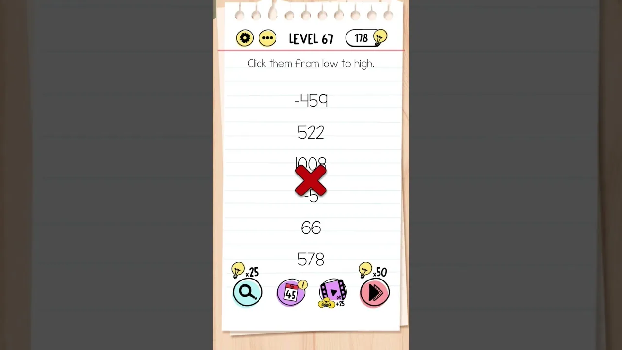Brain Test Level 67 Click them from low to high gameplay screenshot