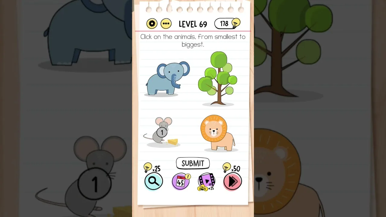Brain Test Level 69 Click on the animals, from smallest to biggest. gameplay screenshot