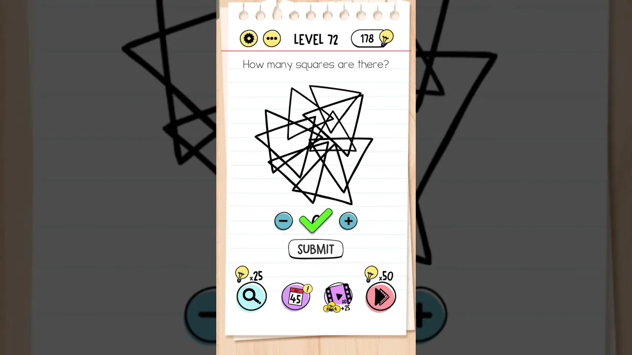 Brain Test Level 72 How many squares are there gameplay screenshot