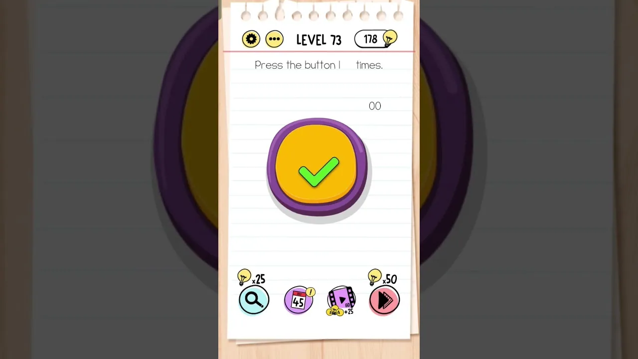 Brain Test Level 73 Press the button 100 times gameplay screenshot