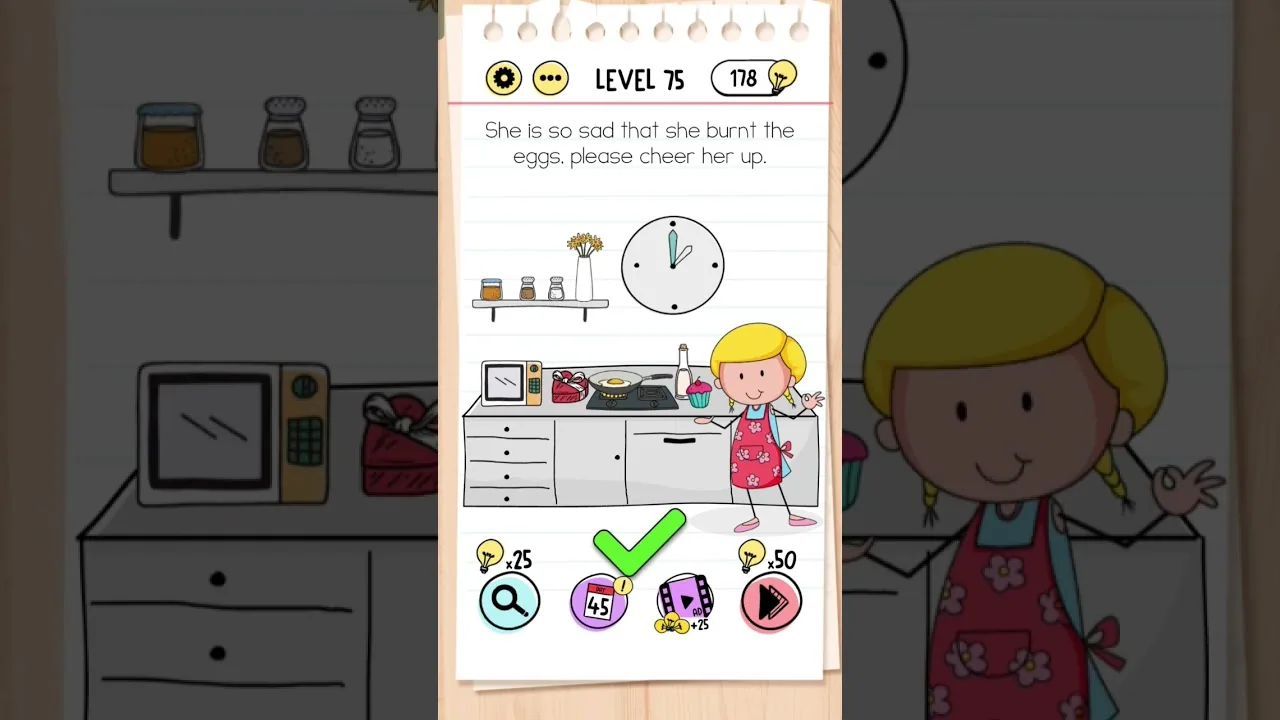 Brain Test Level 75 She is so sad that she burnt the eggs gameplay screenshot