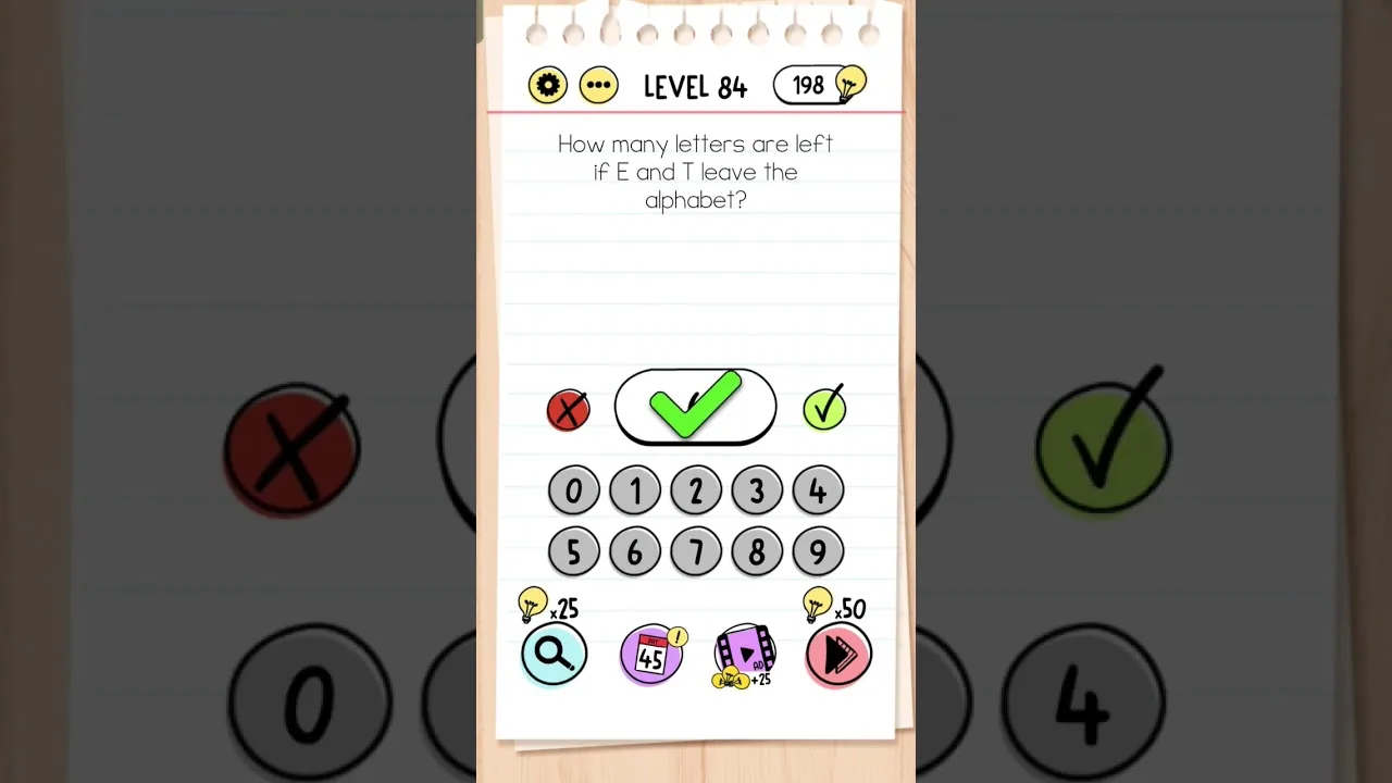 Brain Test Level 84 How many letters are left gameplay screenshot