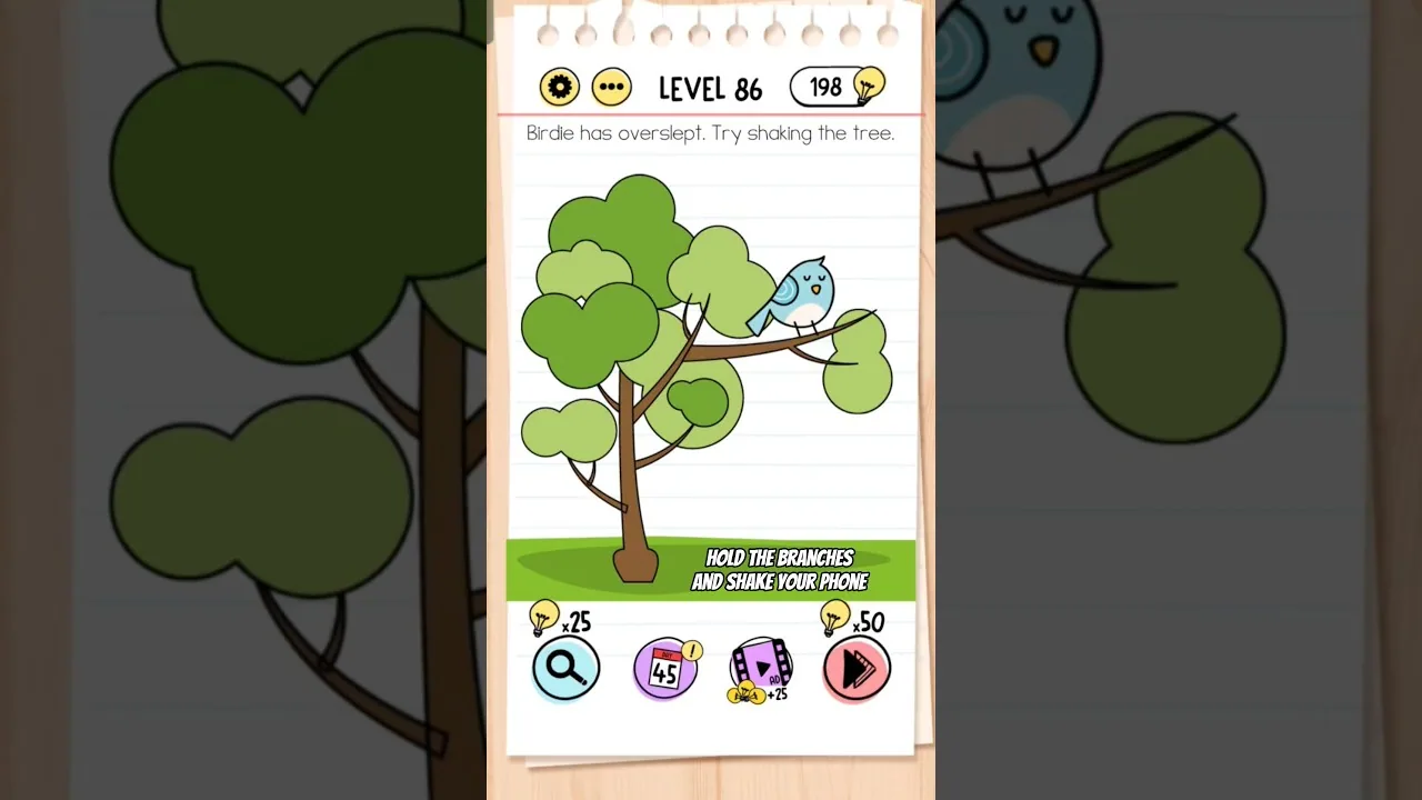 Brain Test Level 86 Birdie has overslept. Try shaking the tree gameplay screenshot