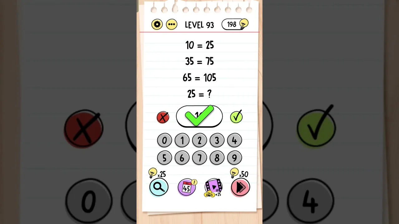 Brain Test Level 93 10=25 35=75 65=105 25=? gameplay screenshot