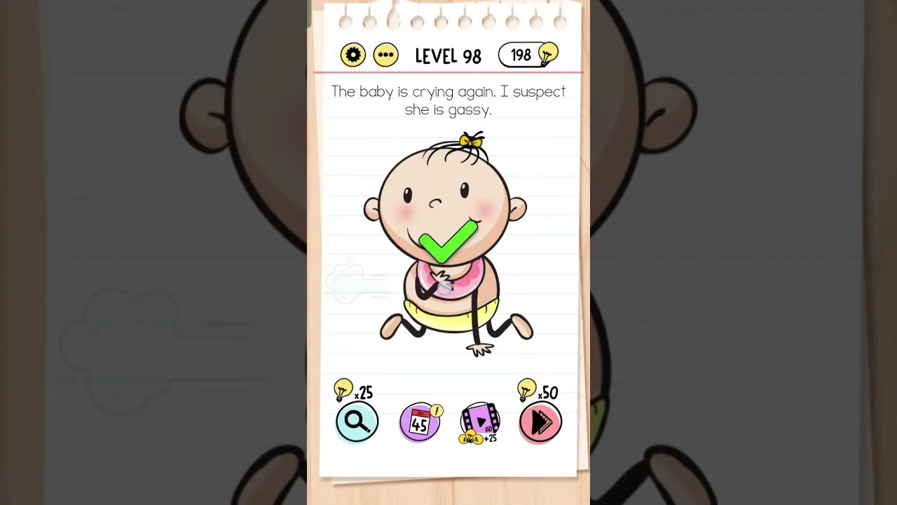 Brain Test Level 98 The baby is crying again I suspect she is gassy gameplay screenshot