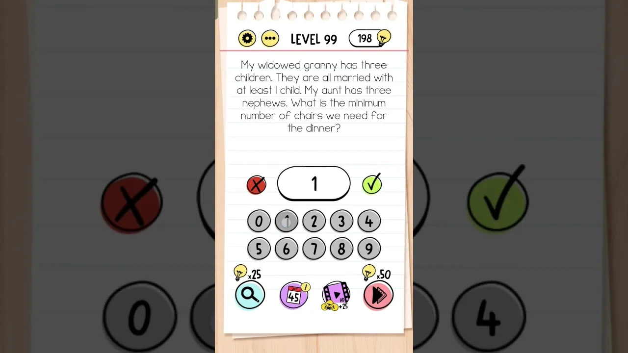 Brain Test Level 99 What is the minimum number of chairs gameplay screenshot