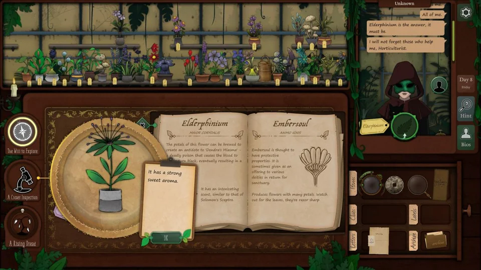 Strange Horticulture Day 8 Secret Drawer, Elderphinium, and Bryer's Disk real gameplay